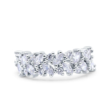 Half Eternity Ring Marquise Wedding Engagement Band Round Pave Simulated CZ 925 Sterling Silver (7mm)